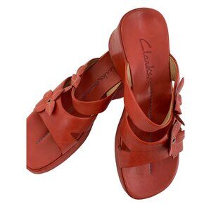 Rare VTG Clarks Red Leather Floral Sandals Size 6B SAMPLE 34477 Square Toe 7951